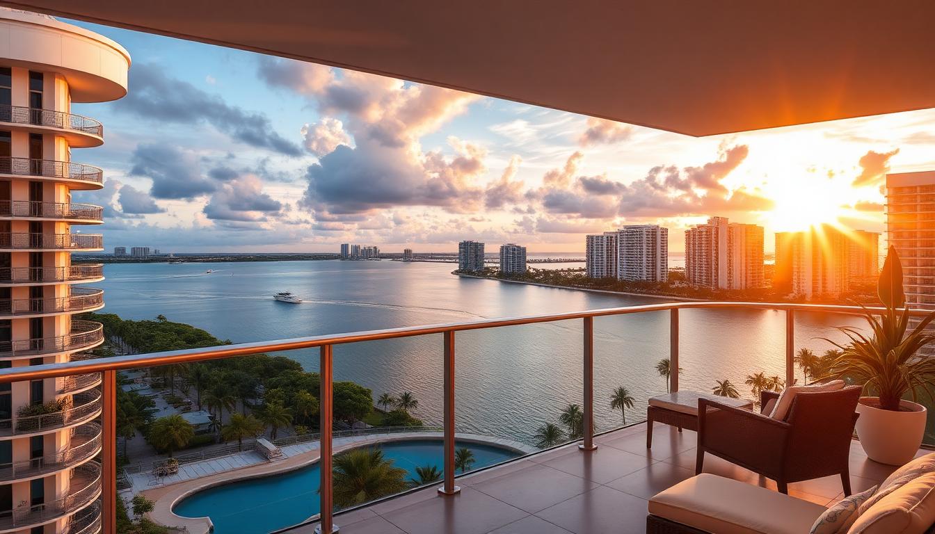 Miami waterfront property with Biscayne Bay view from balcony at sunset