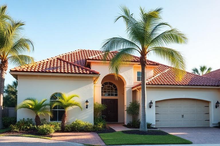 Florida home for sale with palm trees and modern architecture in a sunny residential neighborhood