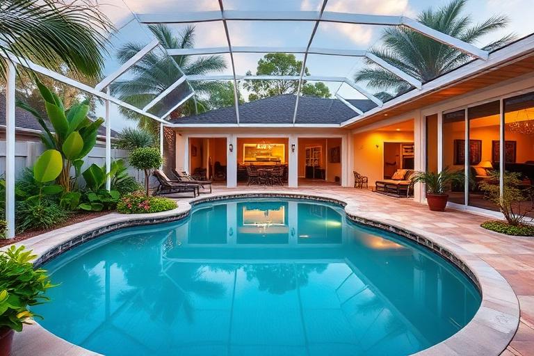 Florida outdoor lifestyle with waterfront property featuring pool and tropical landscaping