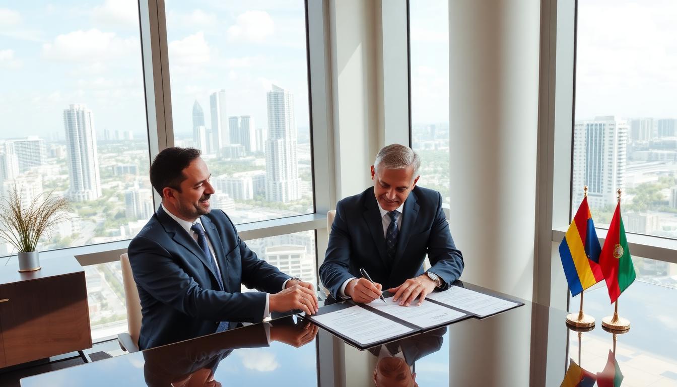 Foreign buyer signing real estate documents in Miami office