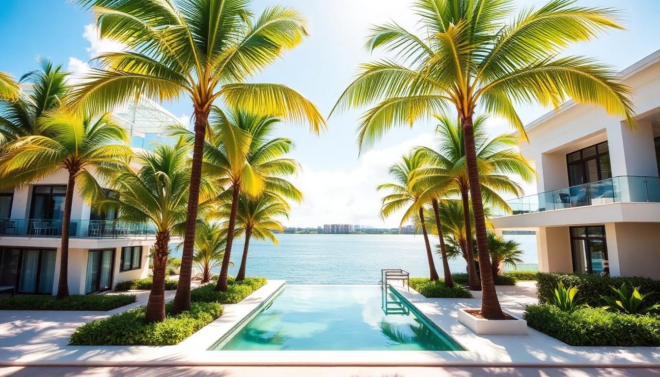 Luxury Miami waterfront property with palm trees and Biscayne Bay view