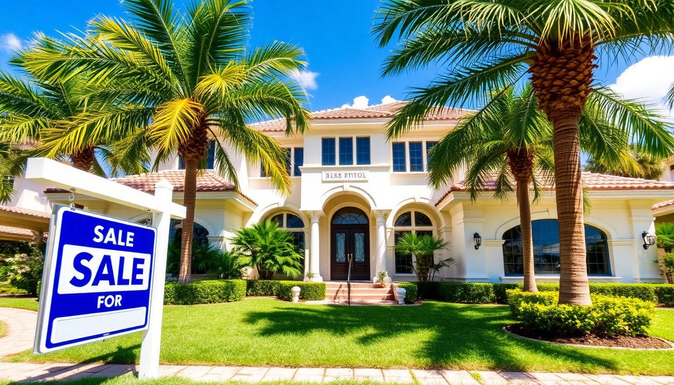 Miami luxury home exterior with for sale sign and palm trees