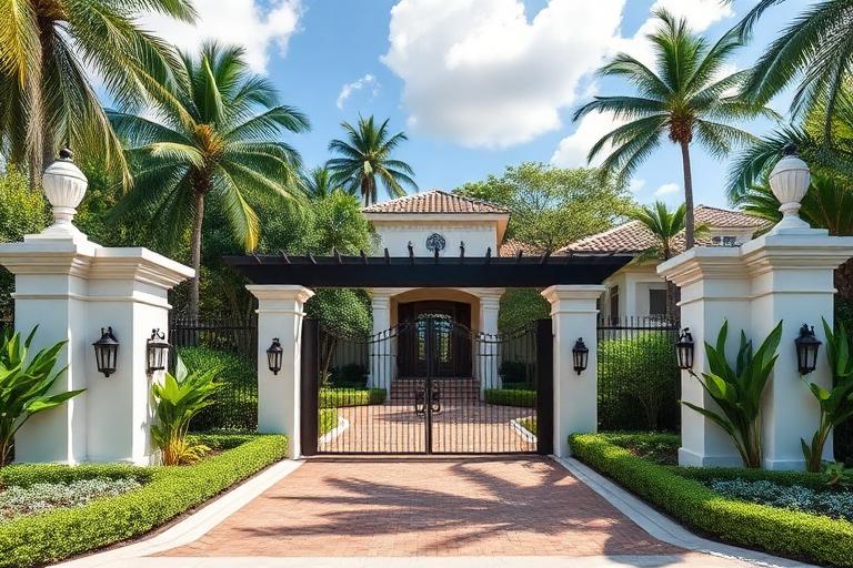 Gables Estates waterfront mansion on Biscayne Bay in Coral Gables with private yacht dock and lush landscaping