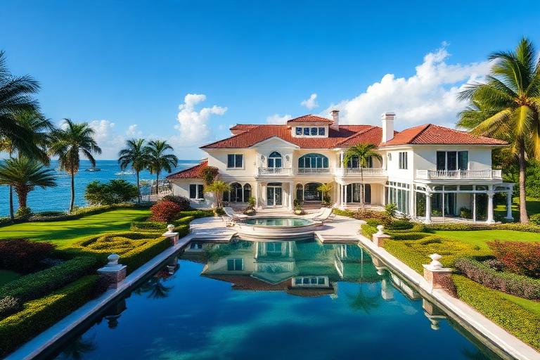 Aerial view of Gables Estates gated community in Coral Gables showing bayfront estate lots and deep-water docks