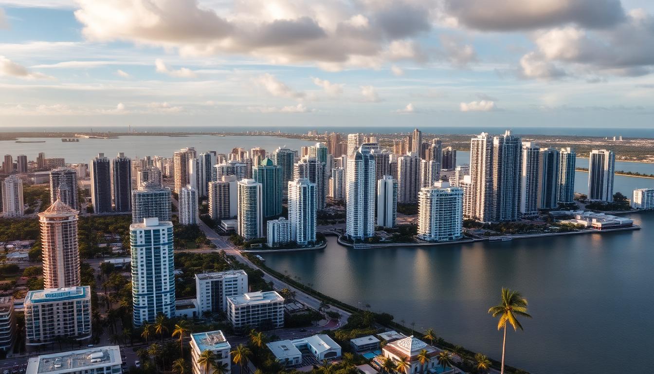 Aerial view of Miami international investment areas along Biscayne Bay
