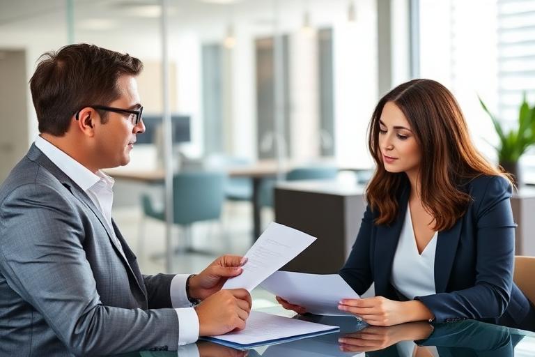 Real estate agent reviewing contract documents with a seller at a modern Miami office