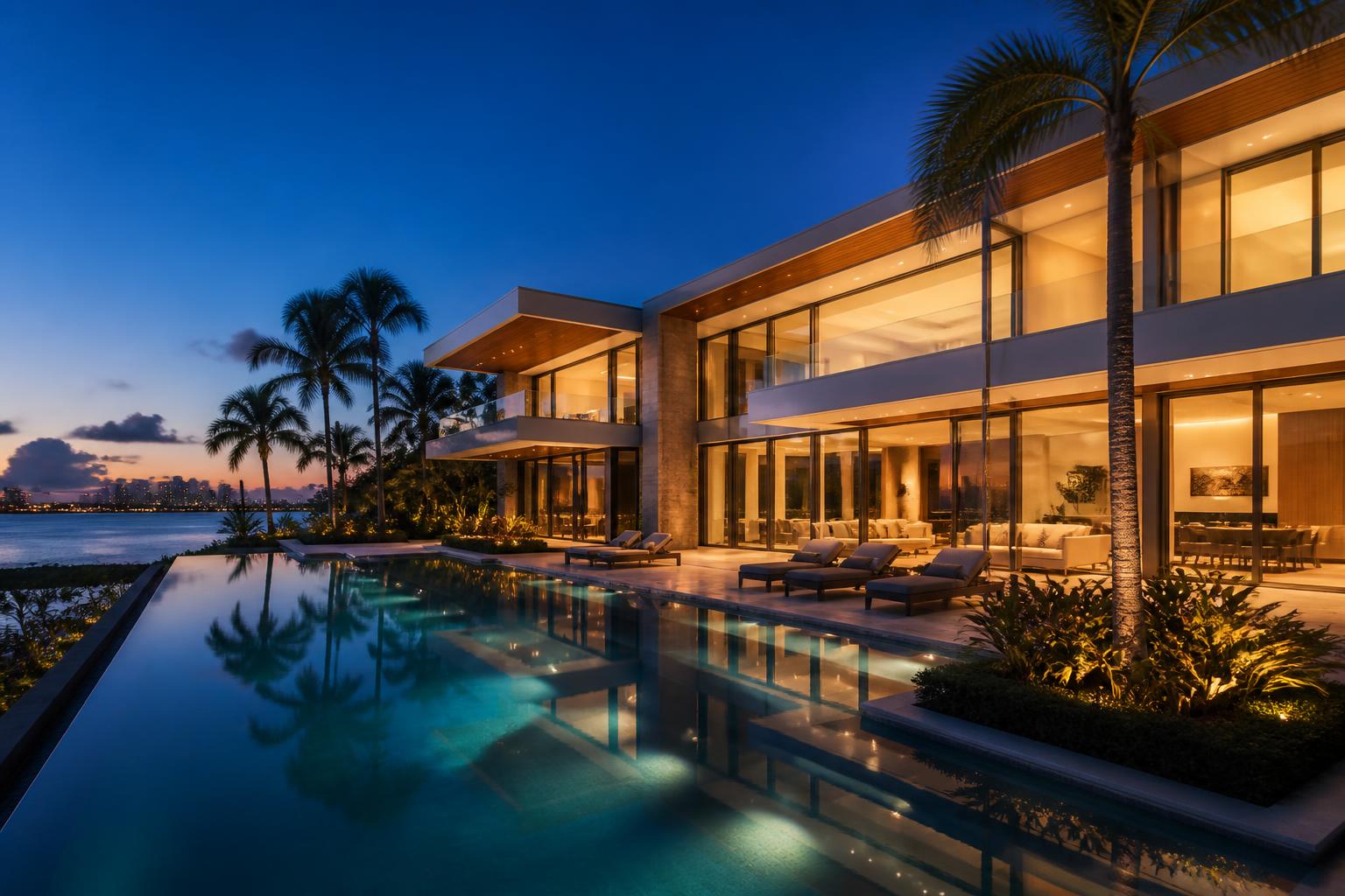 Modern luxury Miami waterfront estate with infinity pool at twilight