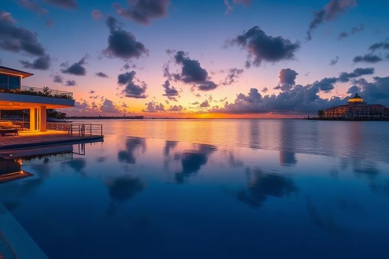 Ultra-luxury Miami waterfront mansion with infinity pool at sunset