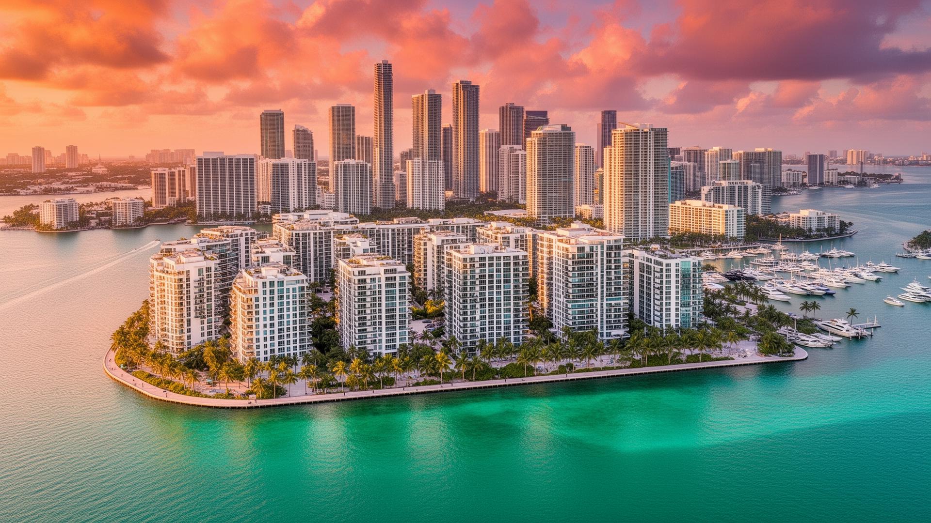 The Residences at Mandarin Oriental Miami luxury tower on Brickell Key waterfront with yacht marina and Biscayne Bay views