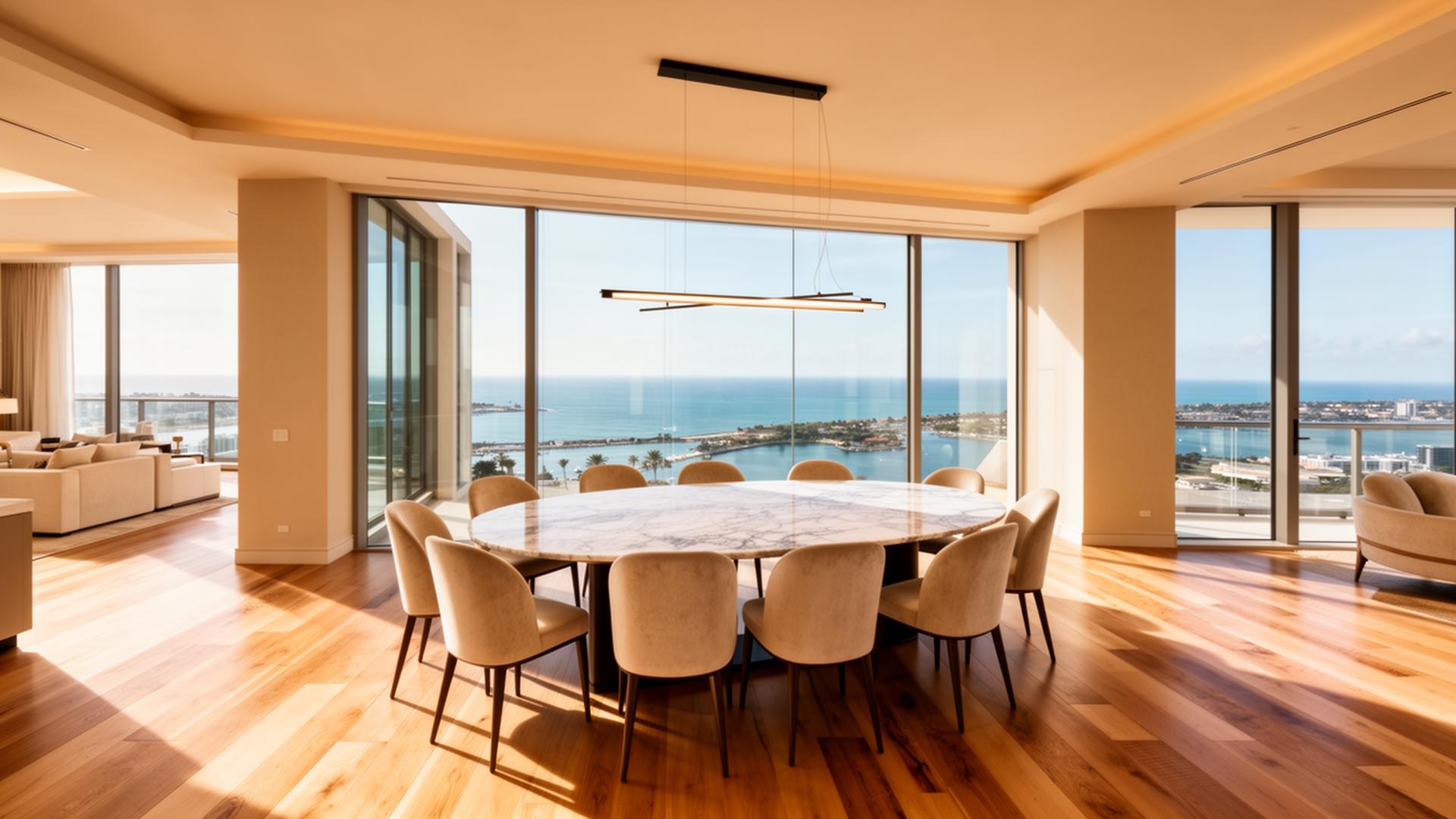 Luxury interior at Mandarin Oriental Residences Miami with 11-foot ceilings, floor-to-ceiling glass, and panoramic Biscayne Bay views