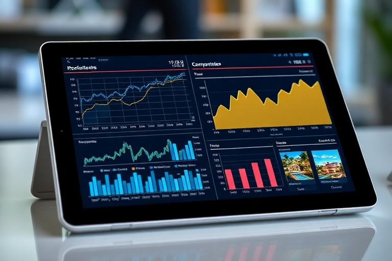 Real estate market data and Miami property comparables analysis on a tablet screen