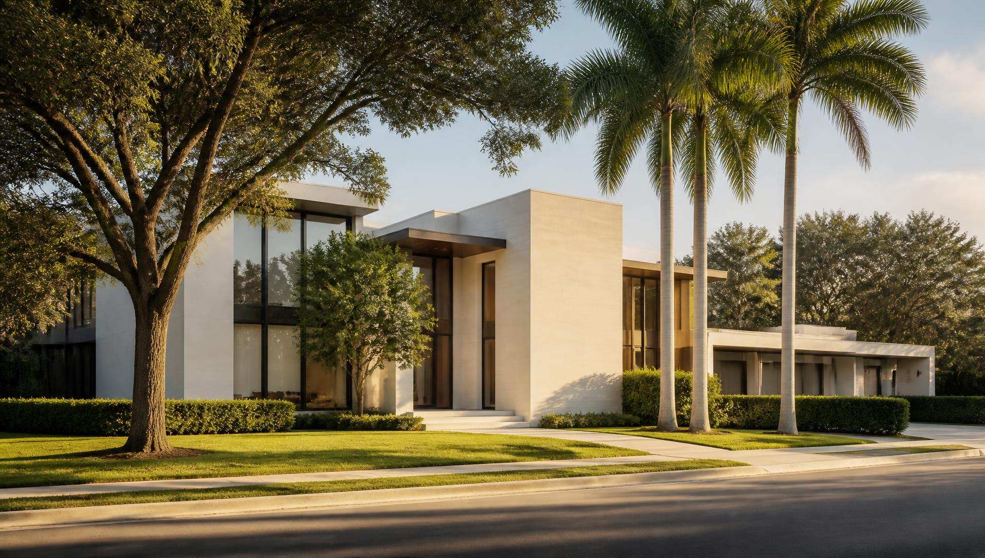 Modern limestone and glass luxury home on a tree-lined Coral Gables street in Miami