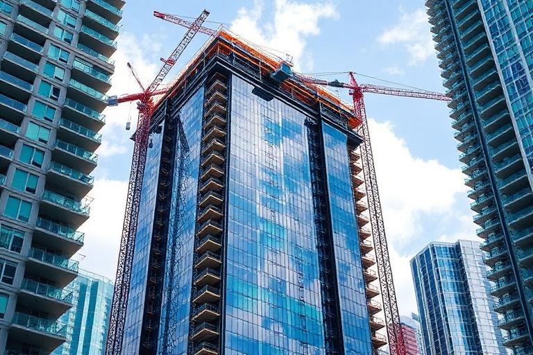 New construction condo tower rising in Brickell Miami with modern glass facade and waterfront views