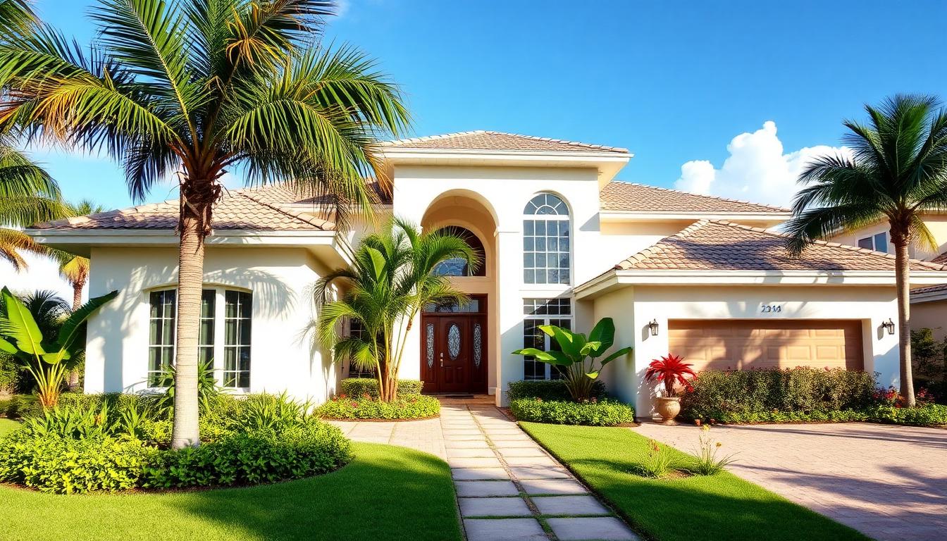 Beautiful Miami home exterior with tropical landscaping