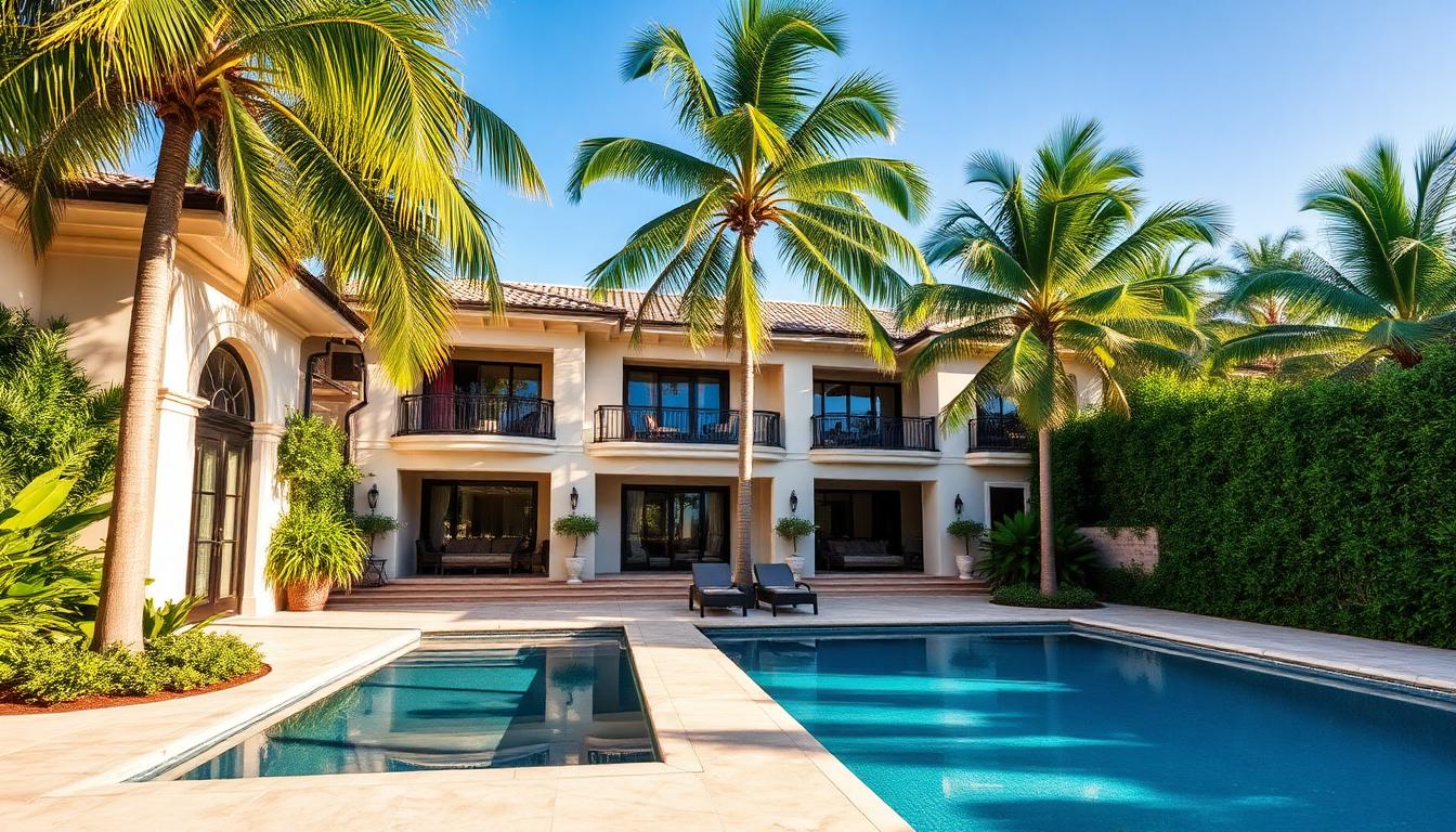 Miami luxury home exterior with pool and palm trees