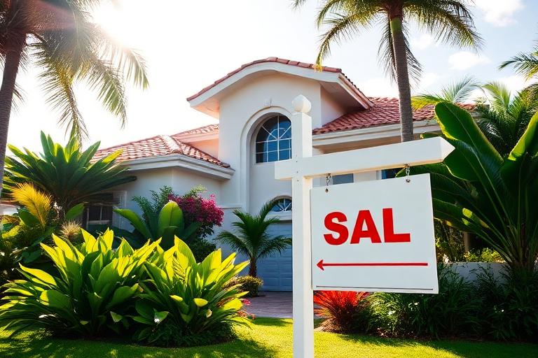 For sale sign in front of a beautiful Miami home with tropical landscaping