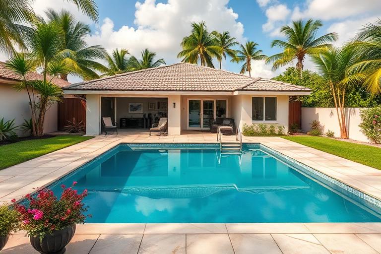 Single family home for sale in Miami with lush tropical yard and Mediterranean architecture