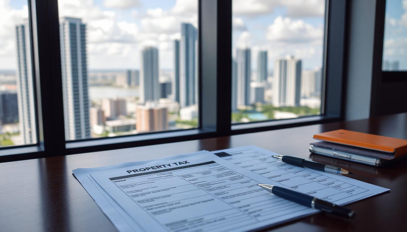 Property tax documents on desk with Miami skyline through window