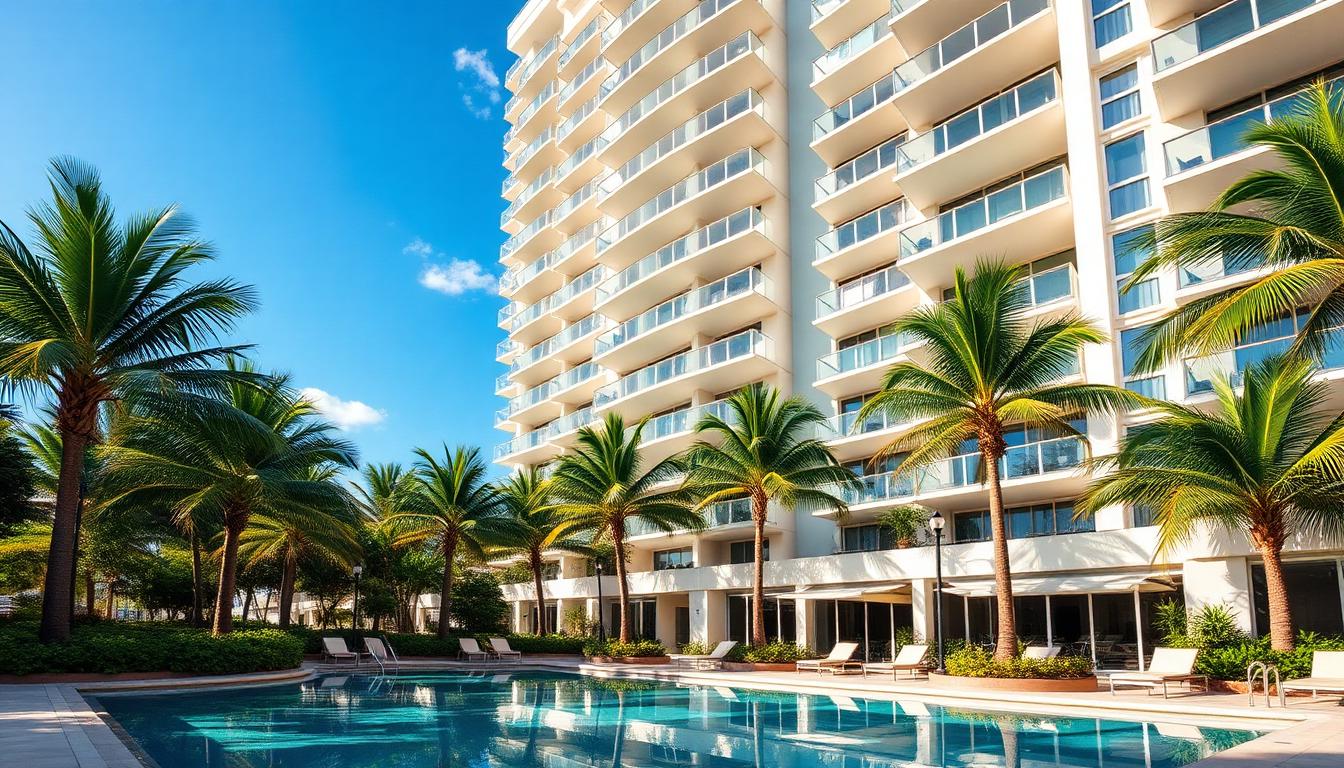 Luxury Miami condo building exterior with pool area and palm trees