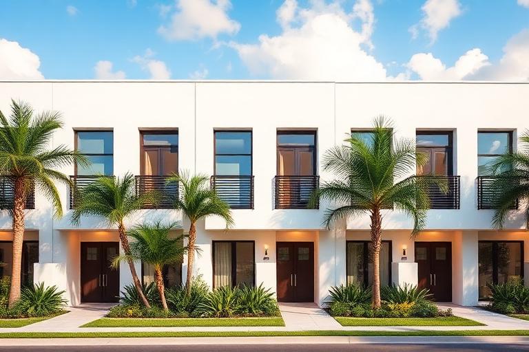 Miami townhomes for sale in a modern gated community with tropical landscaping and private garages