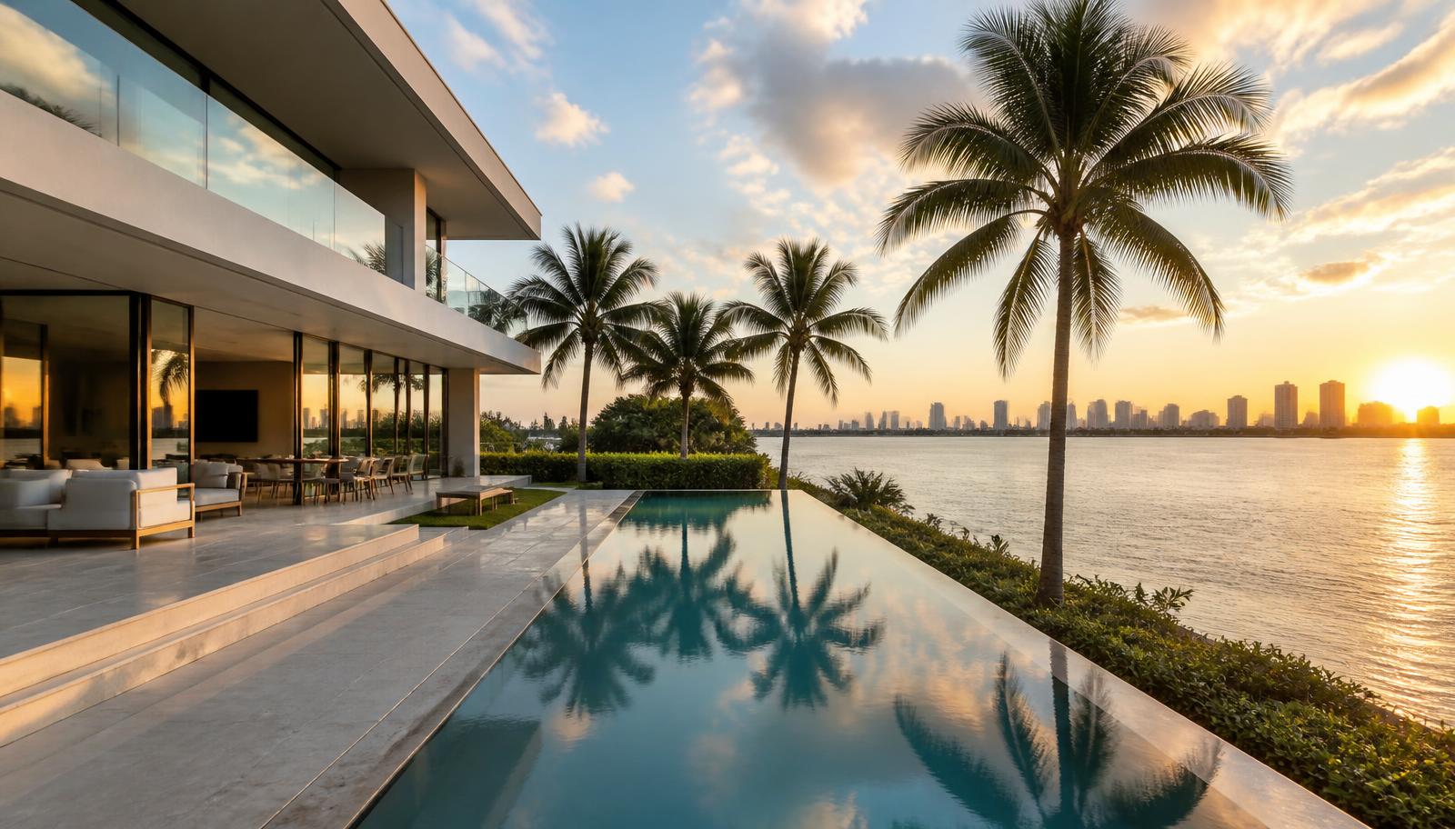 Miami waterfront residence at dusk, representing a closing completed from a distance
